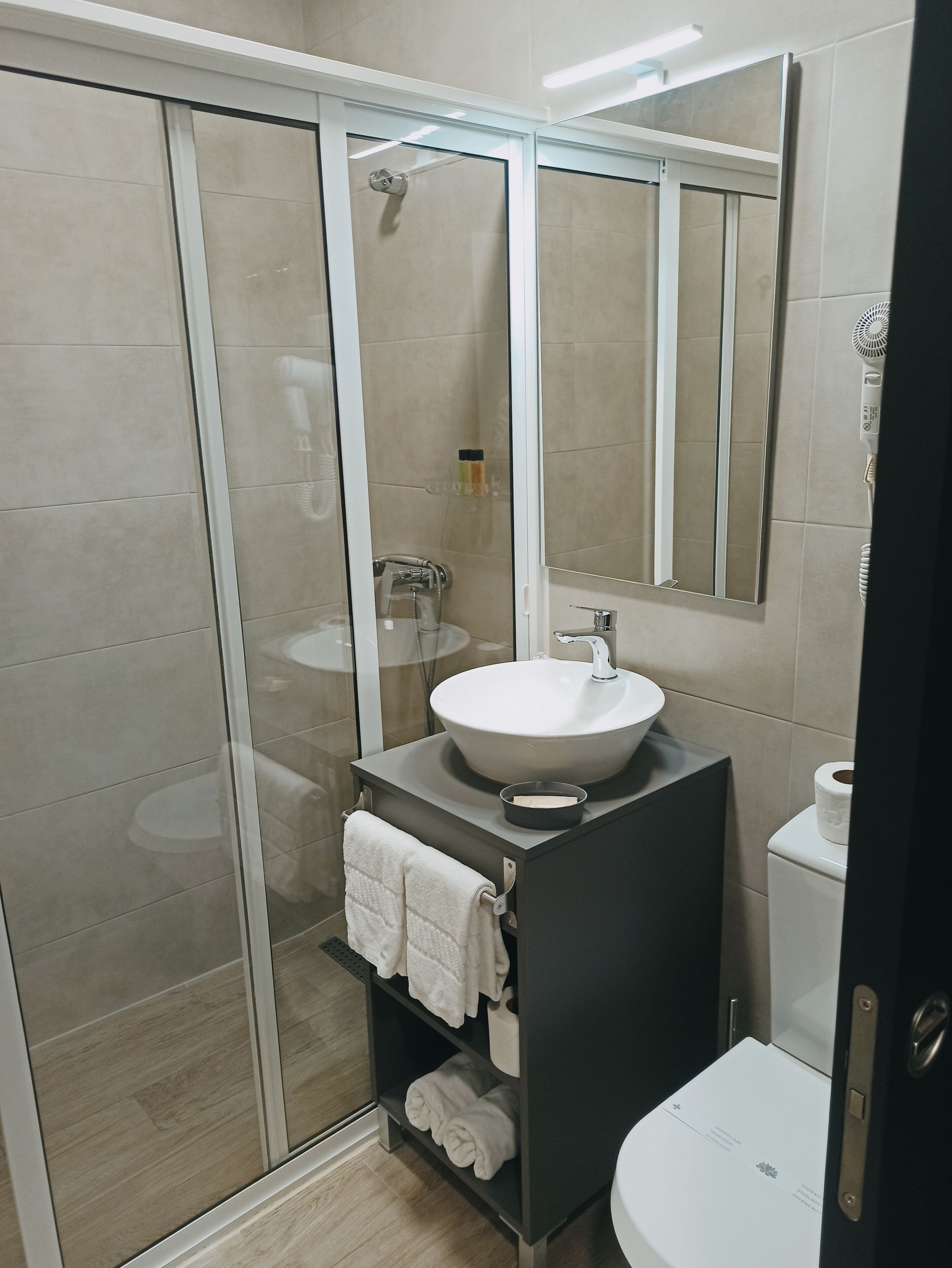 A modern bathroom with a glass shower enclosure, a sink with a mirror above it, and a toilet.