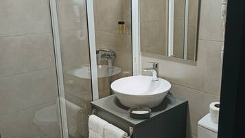 A modern bathroom with a glass shower enclosure, a sink with a mirror above it, and a toilet.