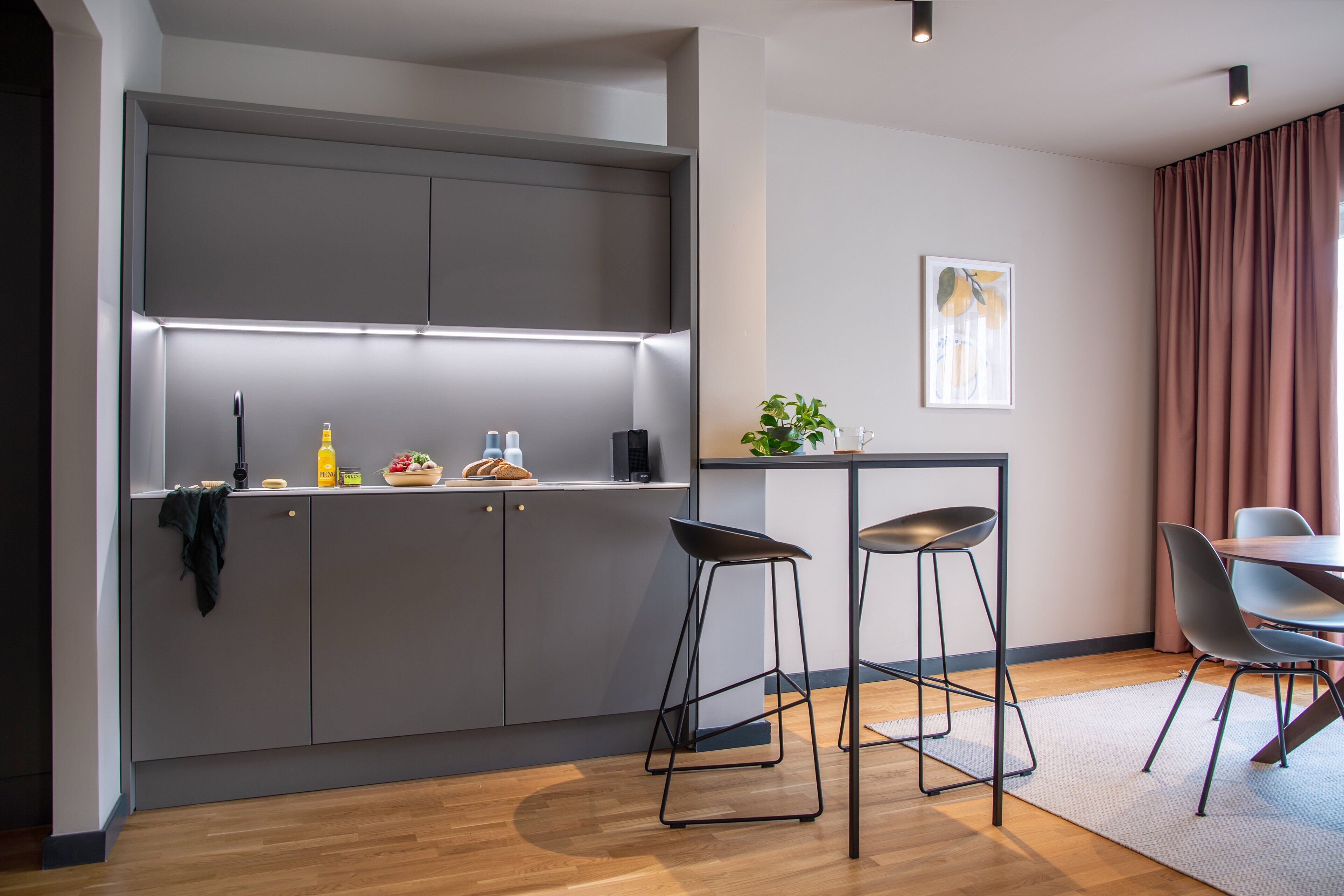 Full-sized fridge, microwave, stovetop, espresso maker