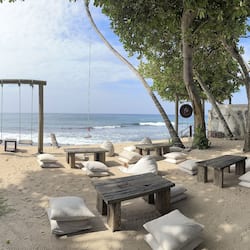 On the beach, sun loungers, beach umbrellas, beach towels