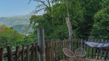 Une terrasse en bois avec deux fauteuils en osier et un hamac, d’où l’on peut admirer un paysage boisé.
