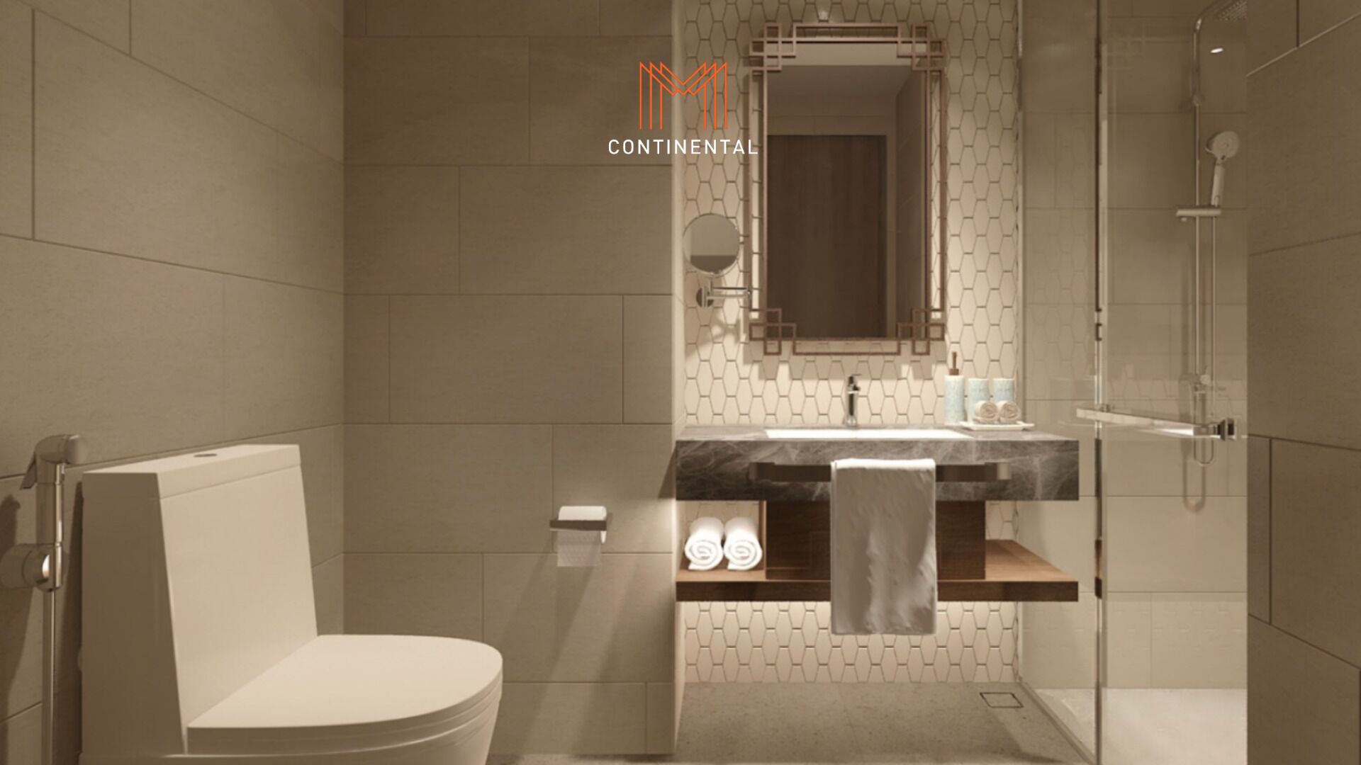 A modern bathroom with a toilet, sink, and shower.