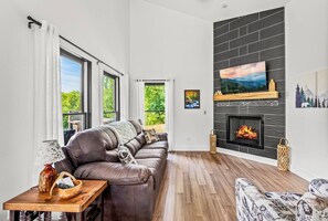 Televisión, chimenea, libros