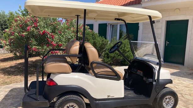 A golf cart parked in front of a building with a green door and the number 169.