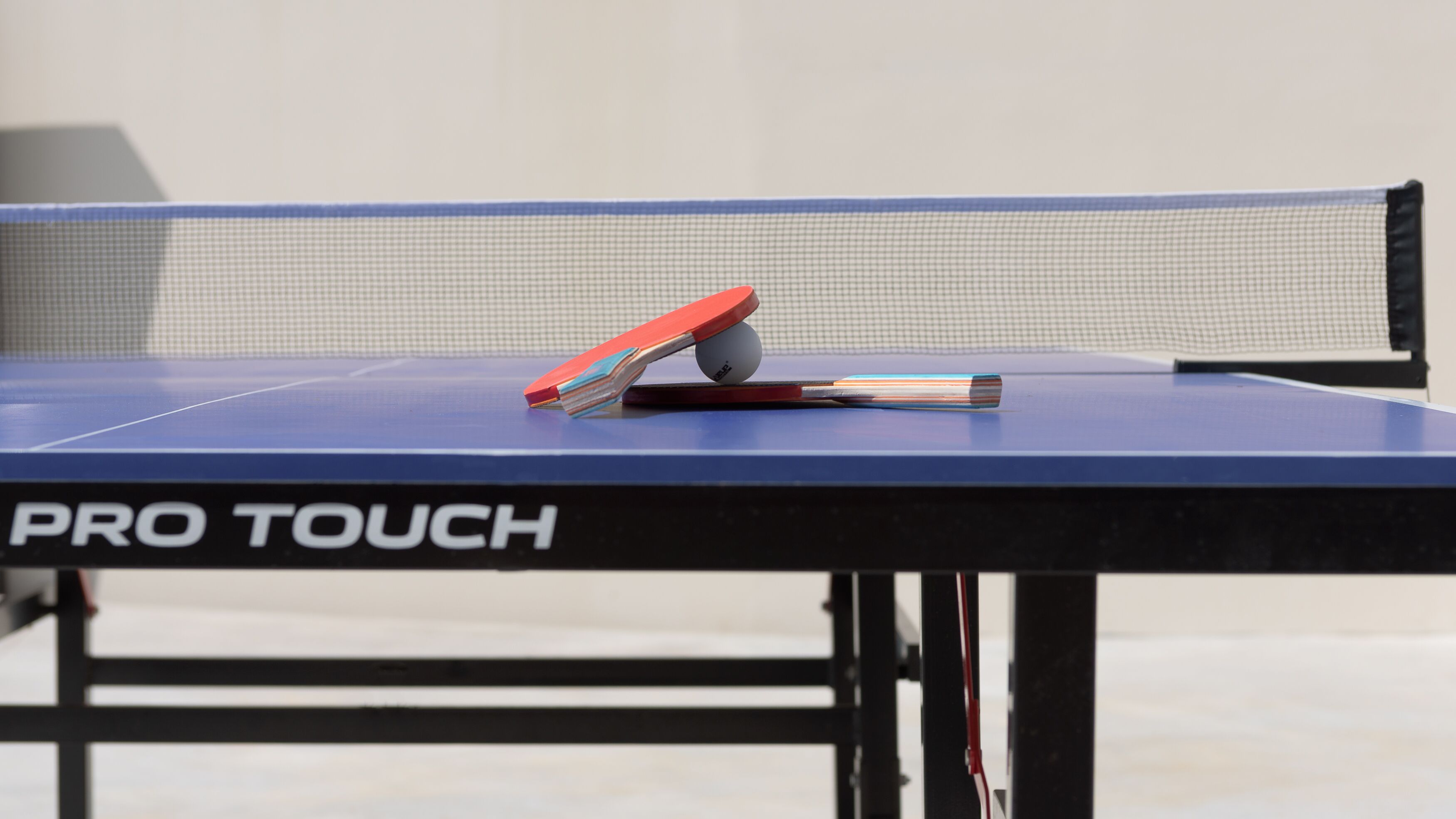 A table tennis table with a net, a paddle, and a ball.