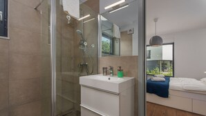 A modern bathroom with a glass shower enclosure, a white sink, and a large mirror reflecting the room. - Complex Teca in Go an Draguzeti (Barban)