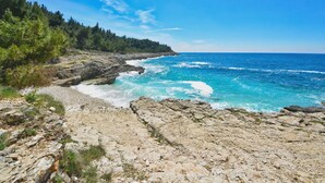 A rocky coastline with clear blue sea and forested hills. - Chiara in Premantura (Medulin)