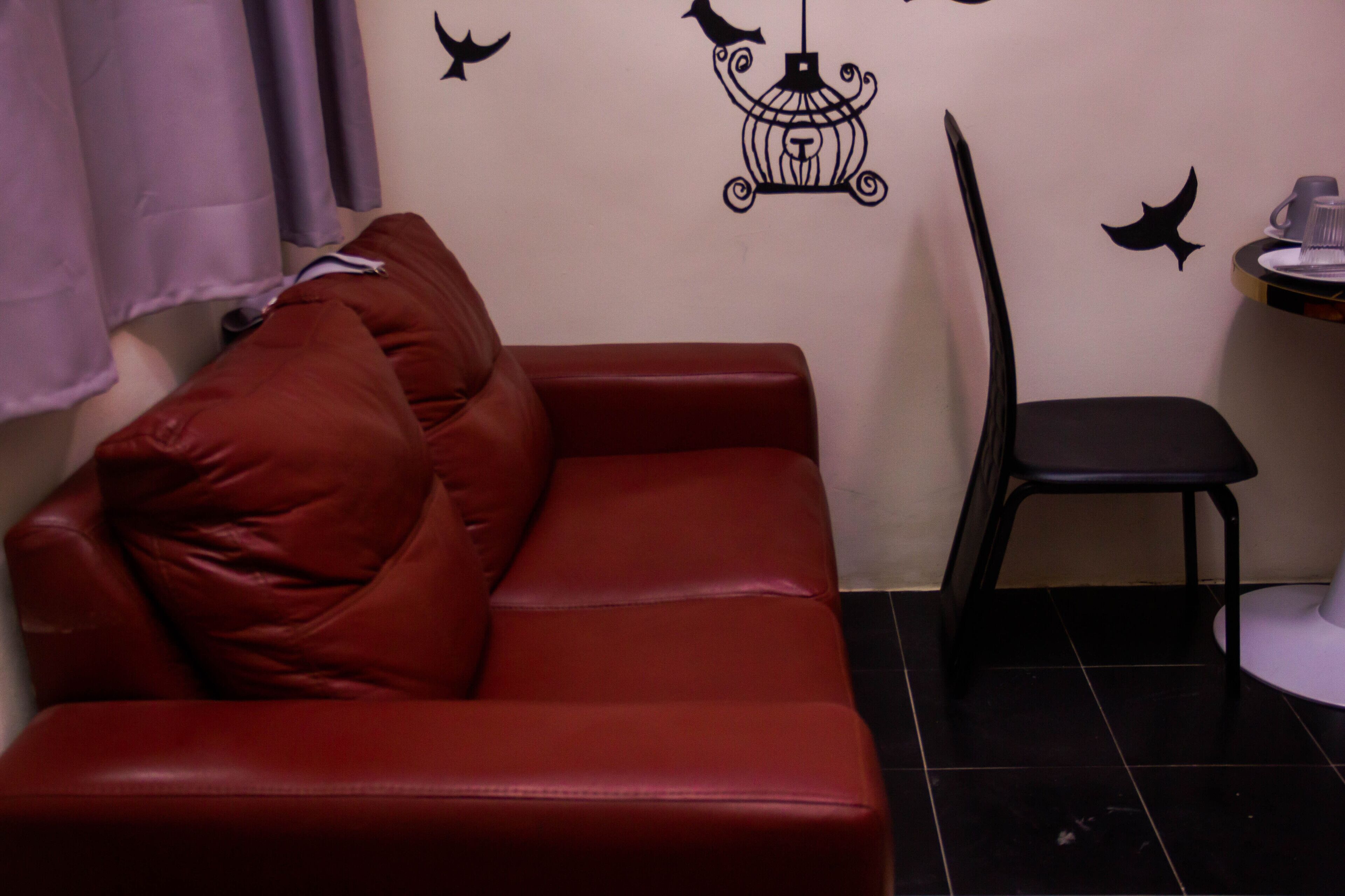 A red leather sofa with a cushion, a black chair, and a wall with bird and birdcage decals.