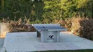 Ett bordtennisbord med nät, omgivet av grus och gräs, med träd i bakgrunden.