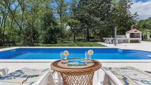 A poolside area with a wicker table, lounge chairs, and a barbecue grill. - Ana Labin in Labin With 6 Bedrooms and 1 Bathrooms (Labin)