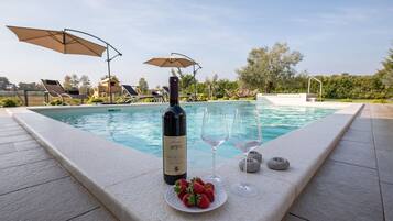 Escena junto a la piscina con una botella de vino Merlot, dos copas y un plato de fresas.