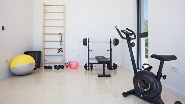 A home gym with a pull-up bar, a bench press, an exercise bike, and various weights and balls. - Spuga in Brodarica With 4 Bedrooms and 4 Bathrooms (Sibenik)