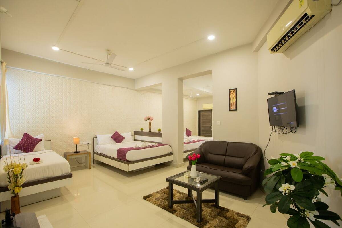A hotel room with two beds, a sofa, a TV, and a plant.