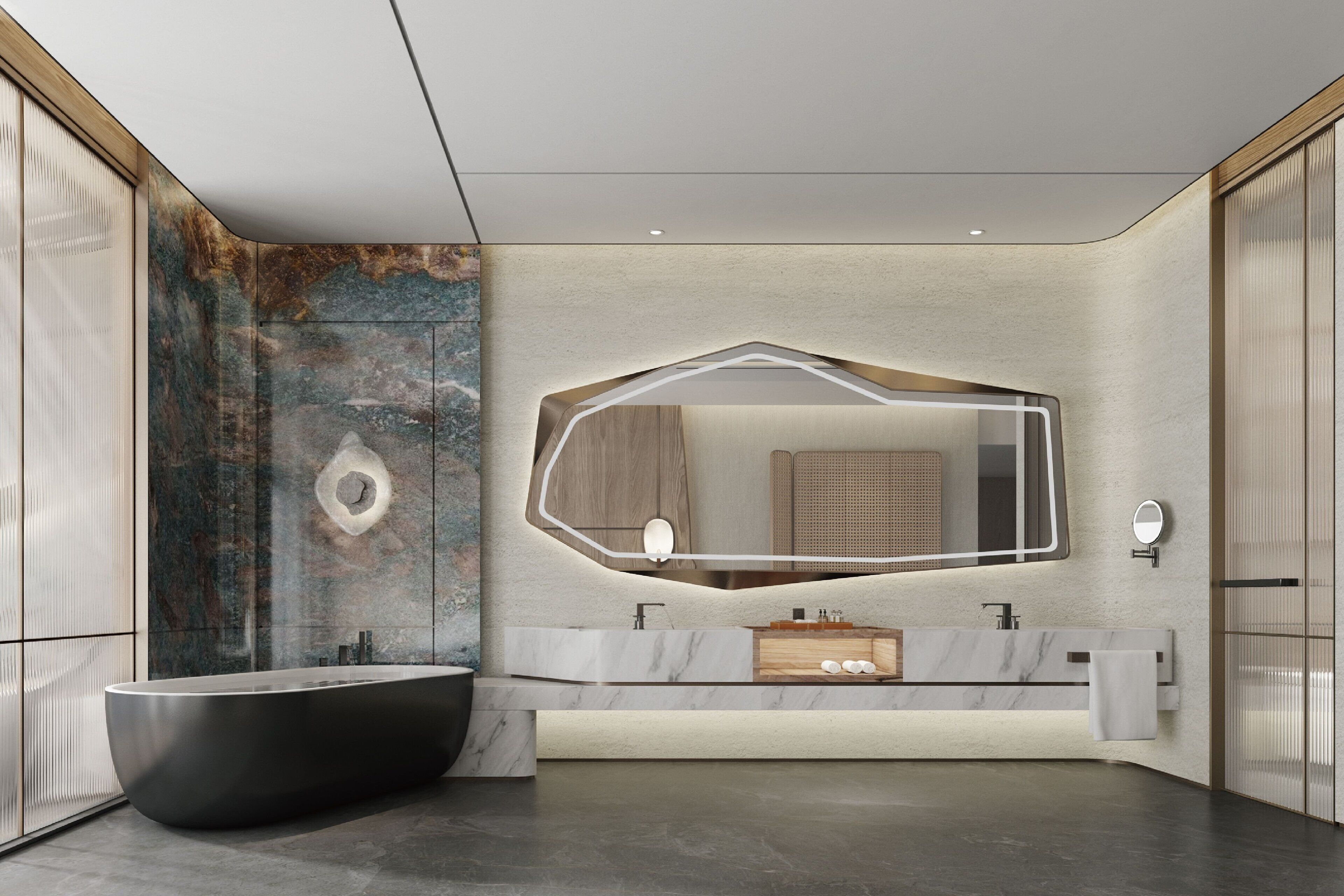 A modern bathroom with a freestanding bathtub, a large mirror, and a marble countertop.