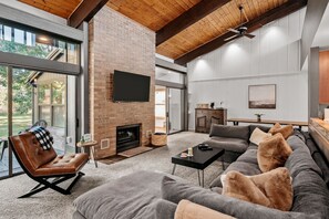 Smart TV, fireplace, books, music library