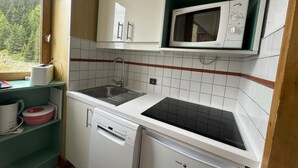 A compact kitchen with a built-in microwave, a sink, and a dishwasher. - 200m from resort center, 4th floor, view ski slopes, swimming pool, balcony, tv, ski locker, 28m² (La Plagne)