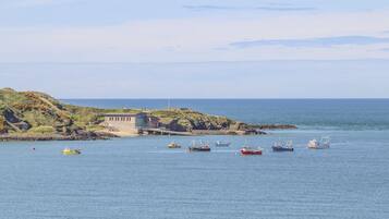 A coastal scene with a small harbor, several boats, and a building on a rocky outcrop.