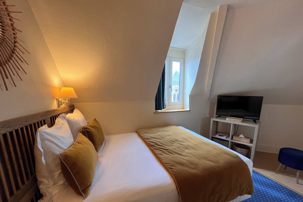 Een hotelkamer met een bed, een televisie, een raam en een lamp.