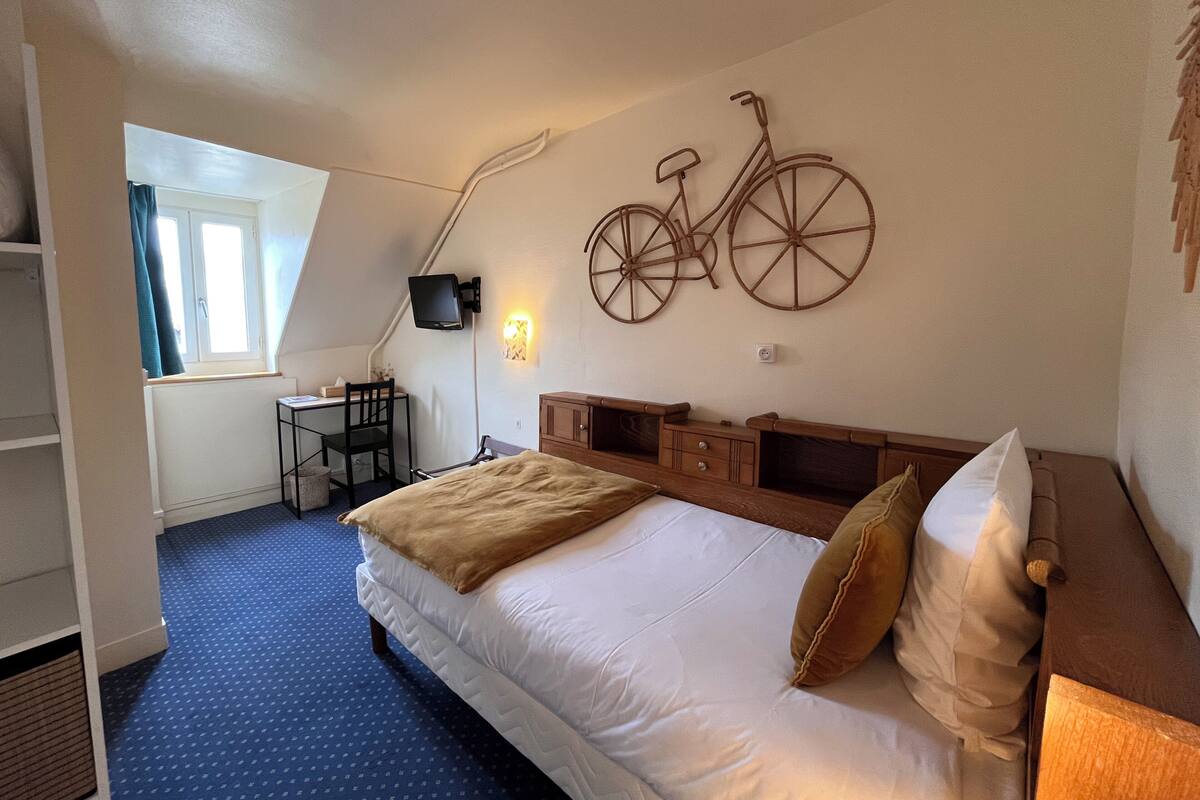 Een slaapkamer met een bed, een bureau, een stoel, een televisie en een fietsdecoratie aan de muur.