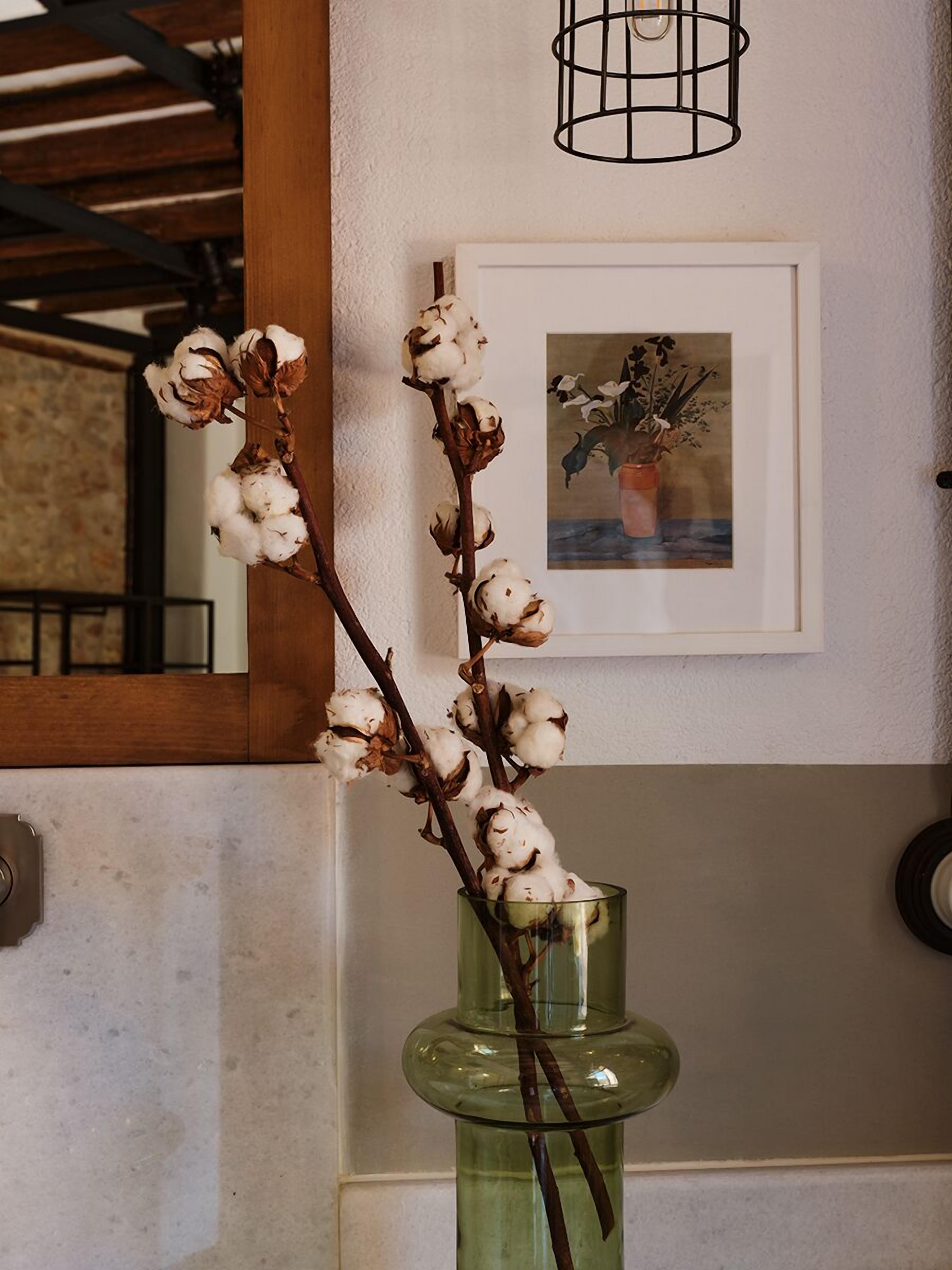 A wall with a framed picture of a plant, a hanging light fixture, and a cotton branch in a glass vase.