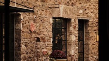 Un edificio de piedra con una ventana, una puerta y una planta en maceta.