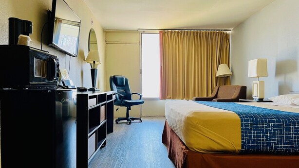 Une chambre d’hôtel comprenant un lit, un bureau avec un ordinateur, une chaise et un téléviseur.