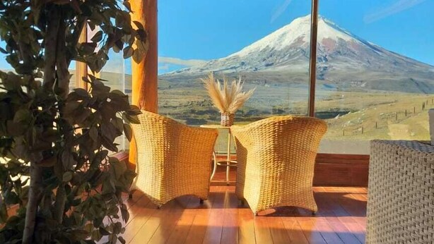 Una habitación con piso de madera, muebles de mimbre, una planta en maceta y vista a una montaña.