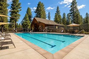 Une piscine avec des chaises longues, un bâtiment en bois et de grands arbres en arrière-plan.