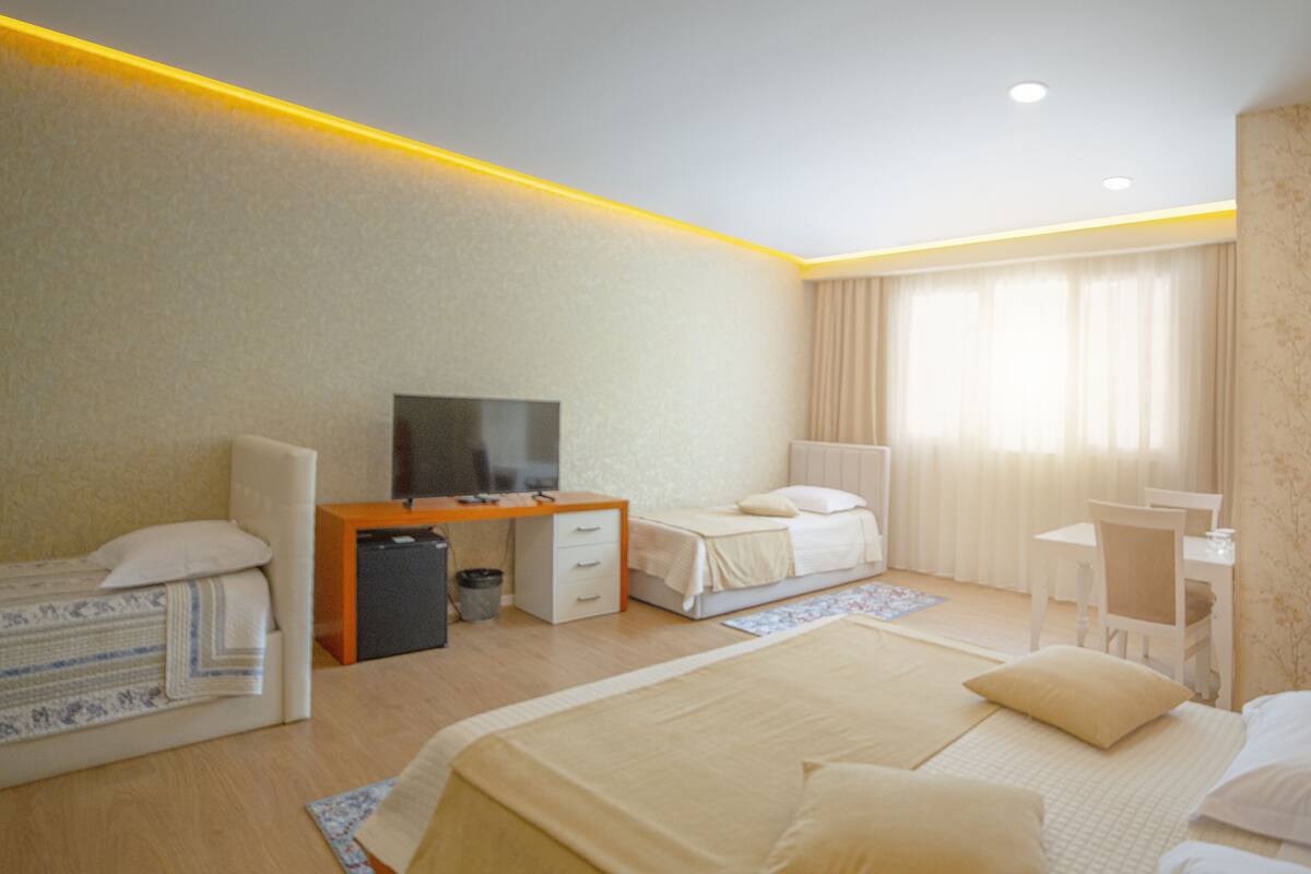 Une chambre d’hôtel comprenant un lit, une table de chevet, un bureau, une chaise, une télévision et des rideaux.