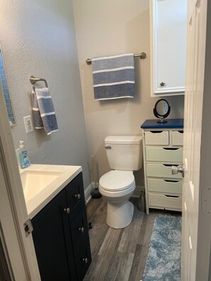 A compact bathroom with a toilet, a sink, and a mirror. There are two towels hanging on a rack, and a blue rug on the floor. - TYPSY CAJUN (Bolivar Peninsula)