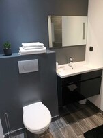 Comfort Studio | Bathroom | Shower, rainfall showerhead, hair dryer, towels
