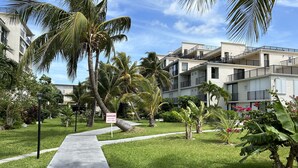 A pathway leading to a building with balconies, surrounded by palm trees and a grassy area. - Beach Front Condo with Ocean View (Freeport)