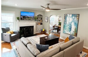 Smart TV, fireplace, books