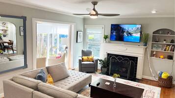 Smart TV, fireplace, books