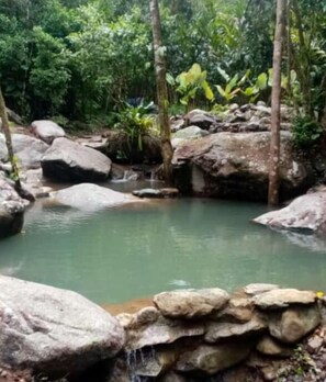 A natural pond surrounded by rocks and trees. - Chirripo Art Hotel (Rivas)
