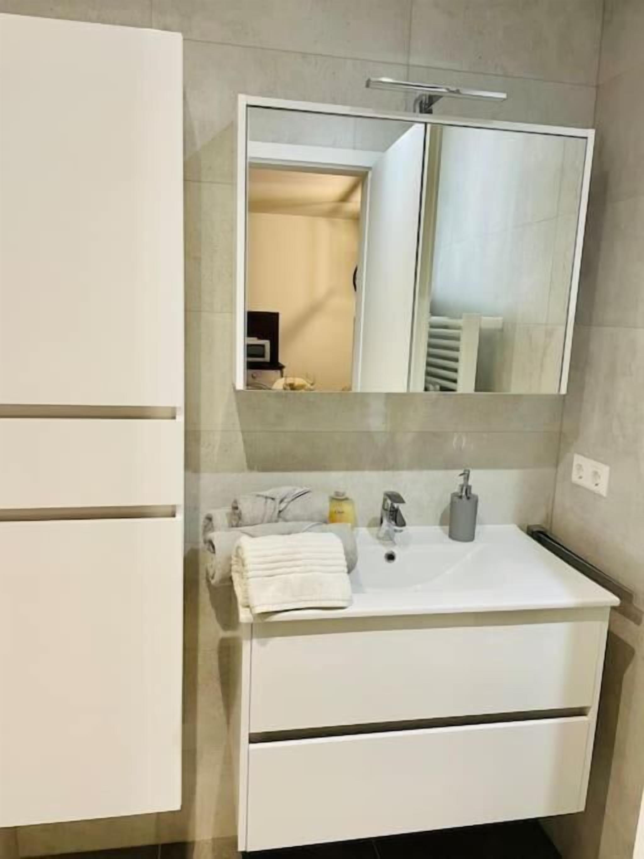 A bathroom with a white sink, a mirror, and a towel rack.