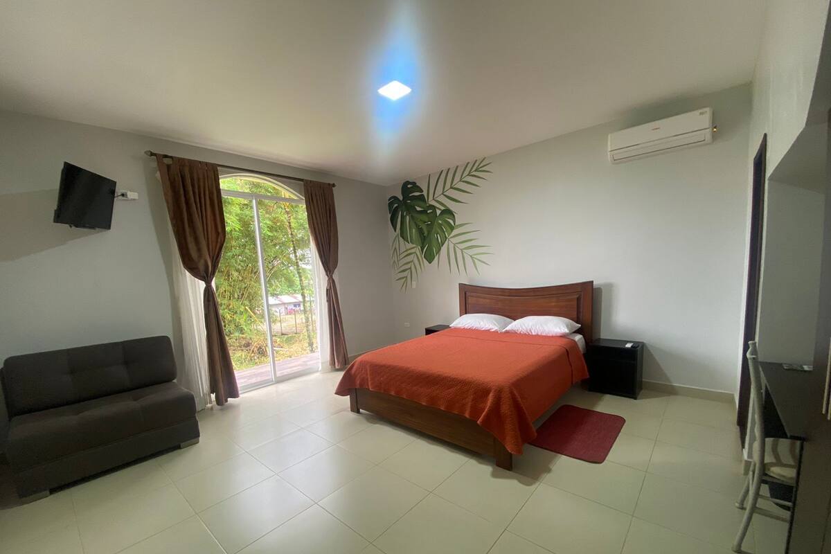 Une chambre à coucher avec un lit, un canapé, une télévision et une plante.