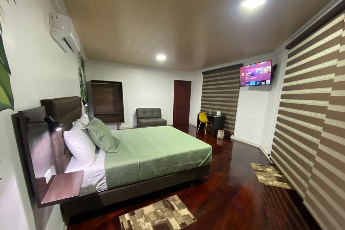 Une chambre à coucher avec un lit, un bureau, une chaise, une télévision et une fenêtre.