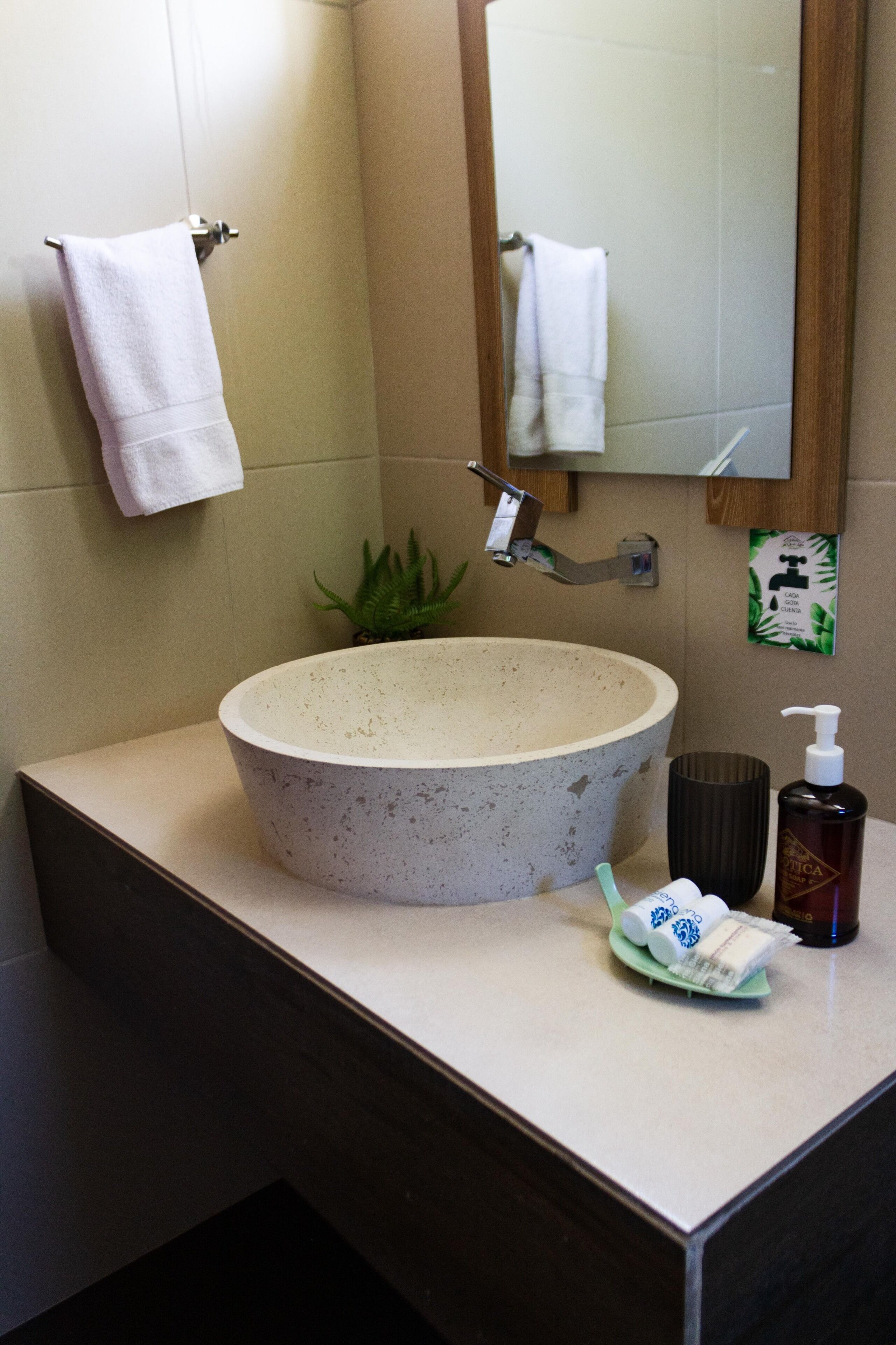 Une salle de bain avec un grand lavabo à motifs, un miroir, un porte-serviettes, une petite plante et des articles de toilette posés sur le comptoir.