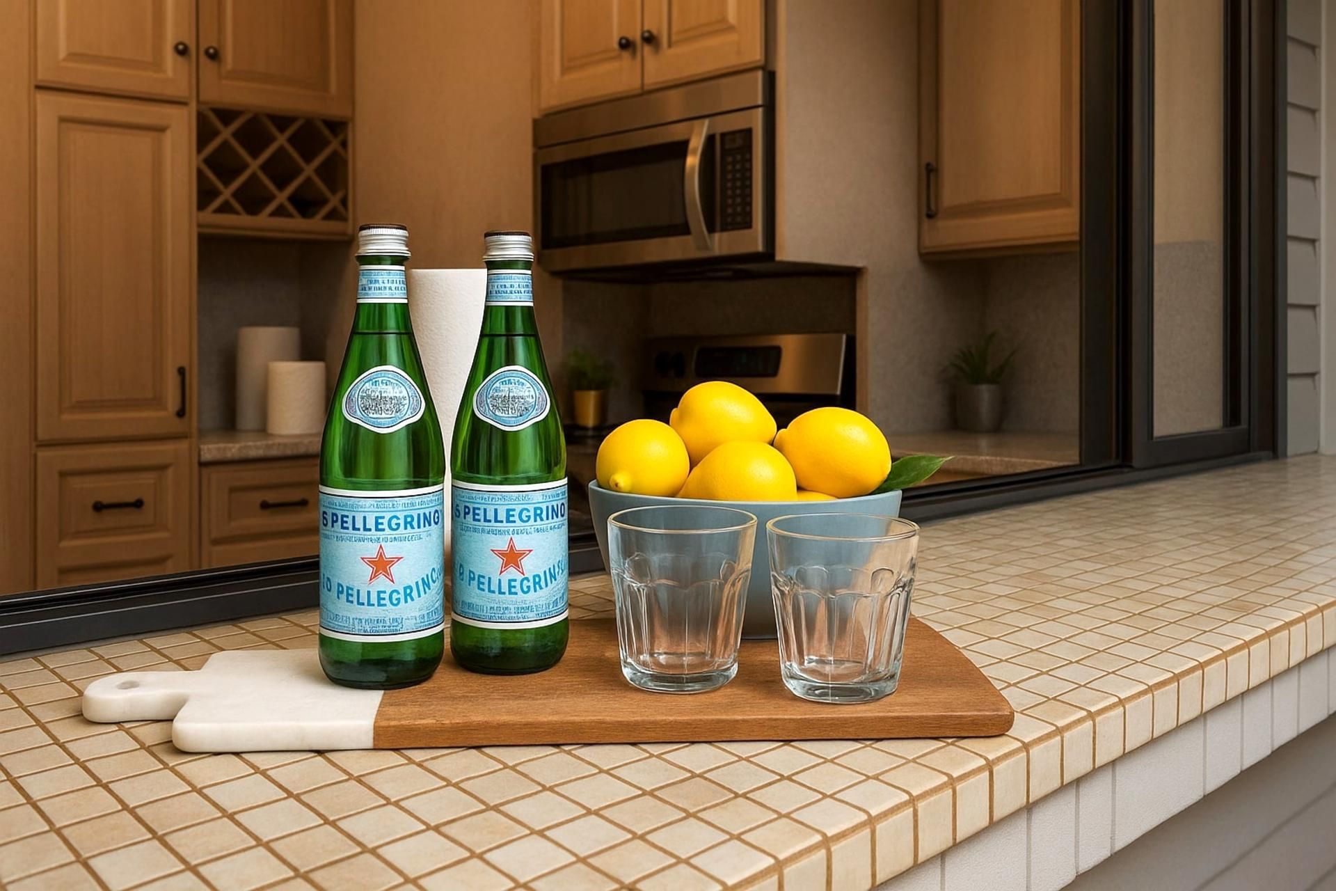 When life gives you lemons… slice them up, pour some sparkling water, and toast to island time on this breezy tile counter   
