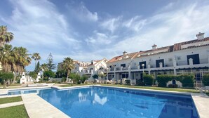 A swimming pool with a clear blue water surface, surrounded by a well-maintained lawn and palm trees.
