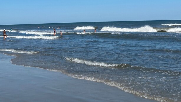 A beach with waves, clear sky, and people in the water. - Sea Chest Motel  (Wildwood Crest)