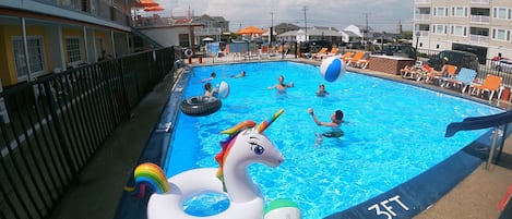 Seasonal outdoor pool, sun loungers