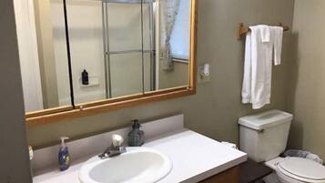 Hair dryer, towels, soap, shampoo