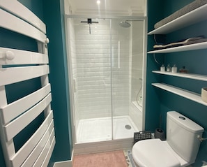 Shower, hair dryer, towels, soap