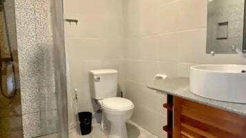 Shower, hair dryer, towels