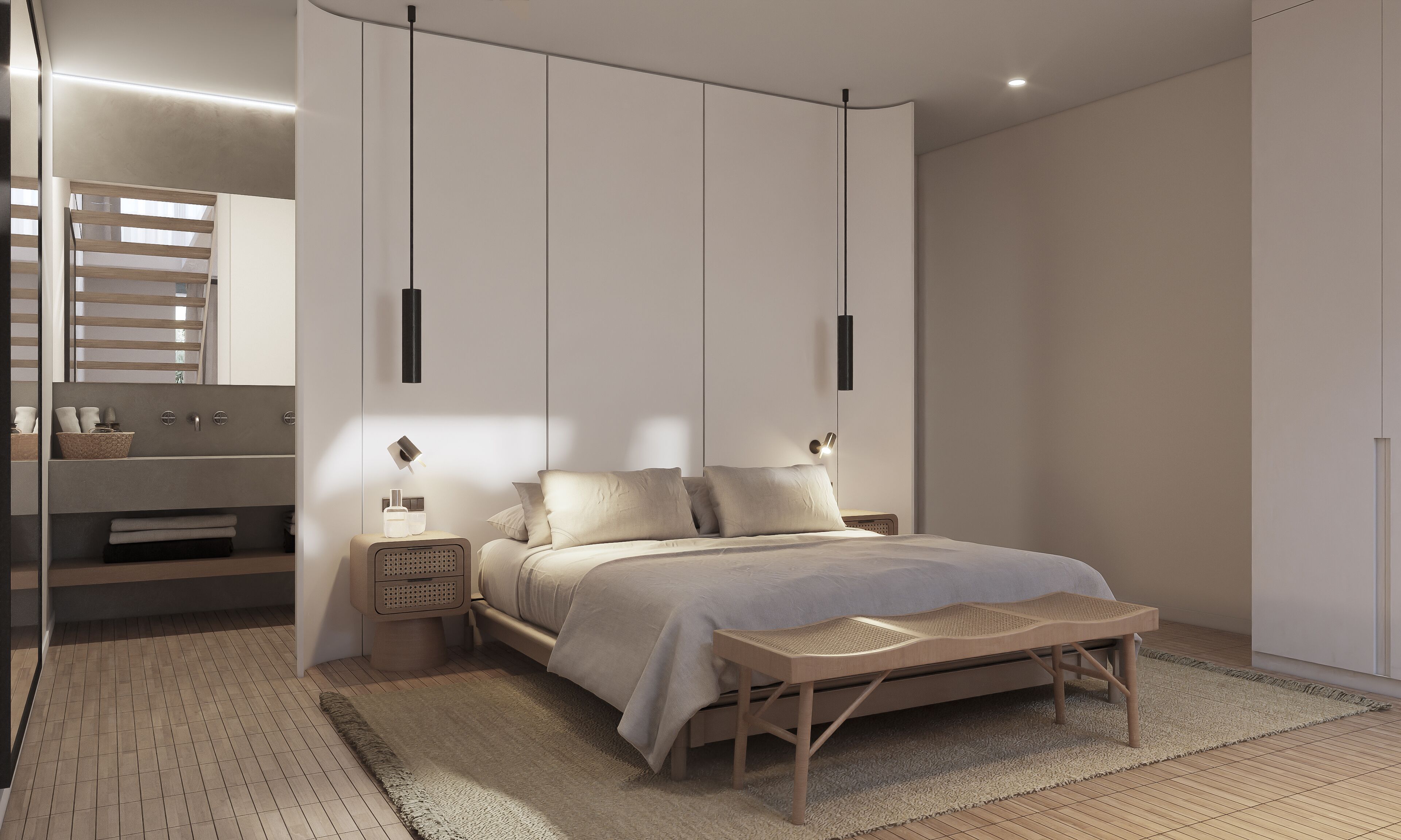 A modern bedroom with a bed, bedside tables, a nightstand, a woven bench, and a large mirror.