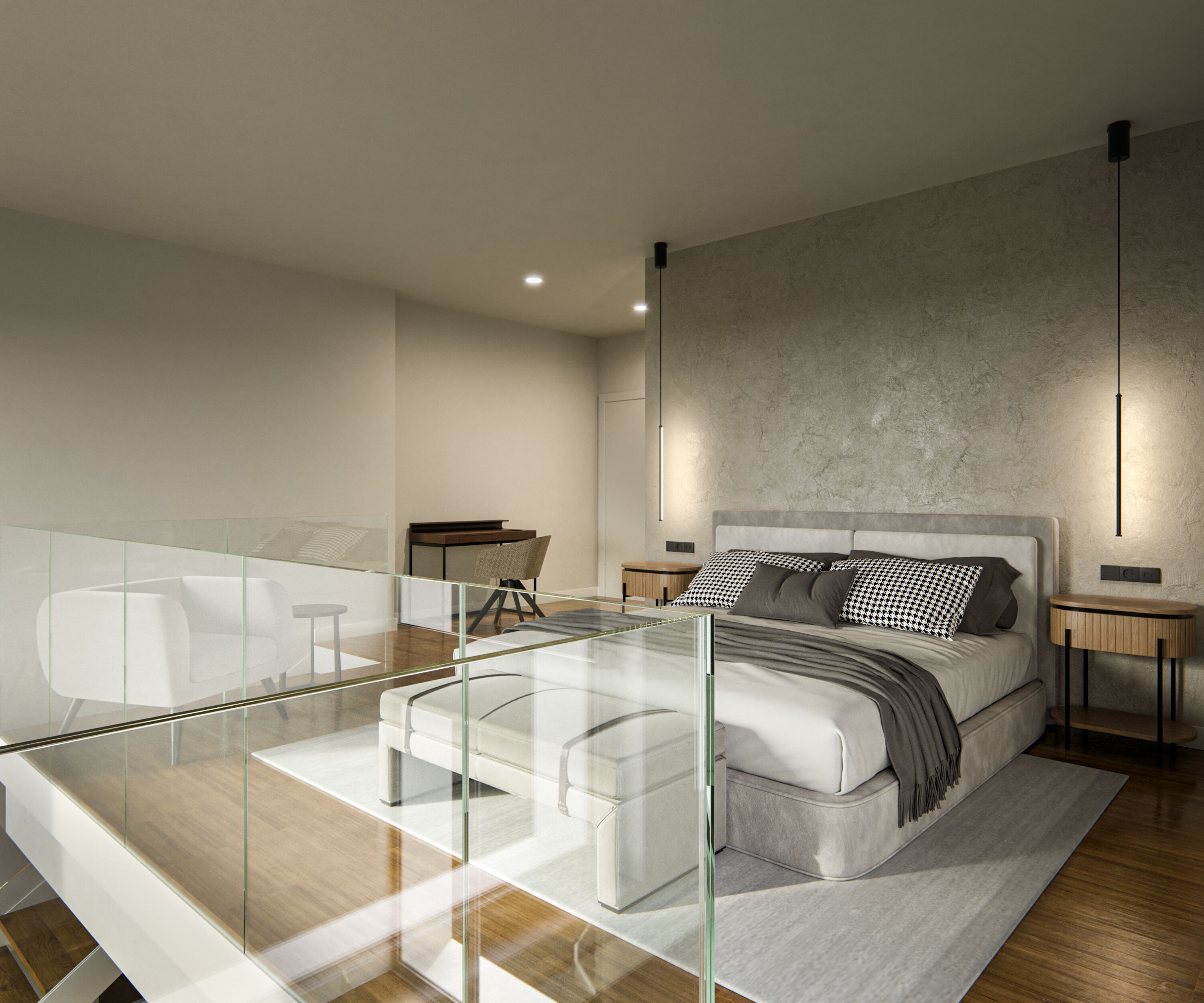 Un dormitorio moderno con un escritorio de cristal, una cama con cabecero gris y un ventanal grande.