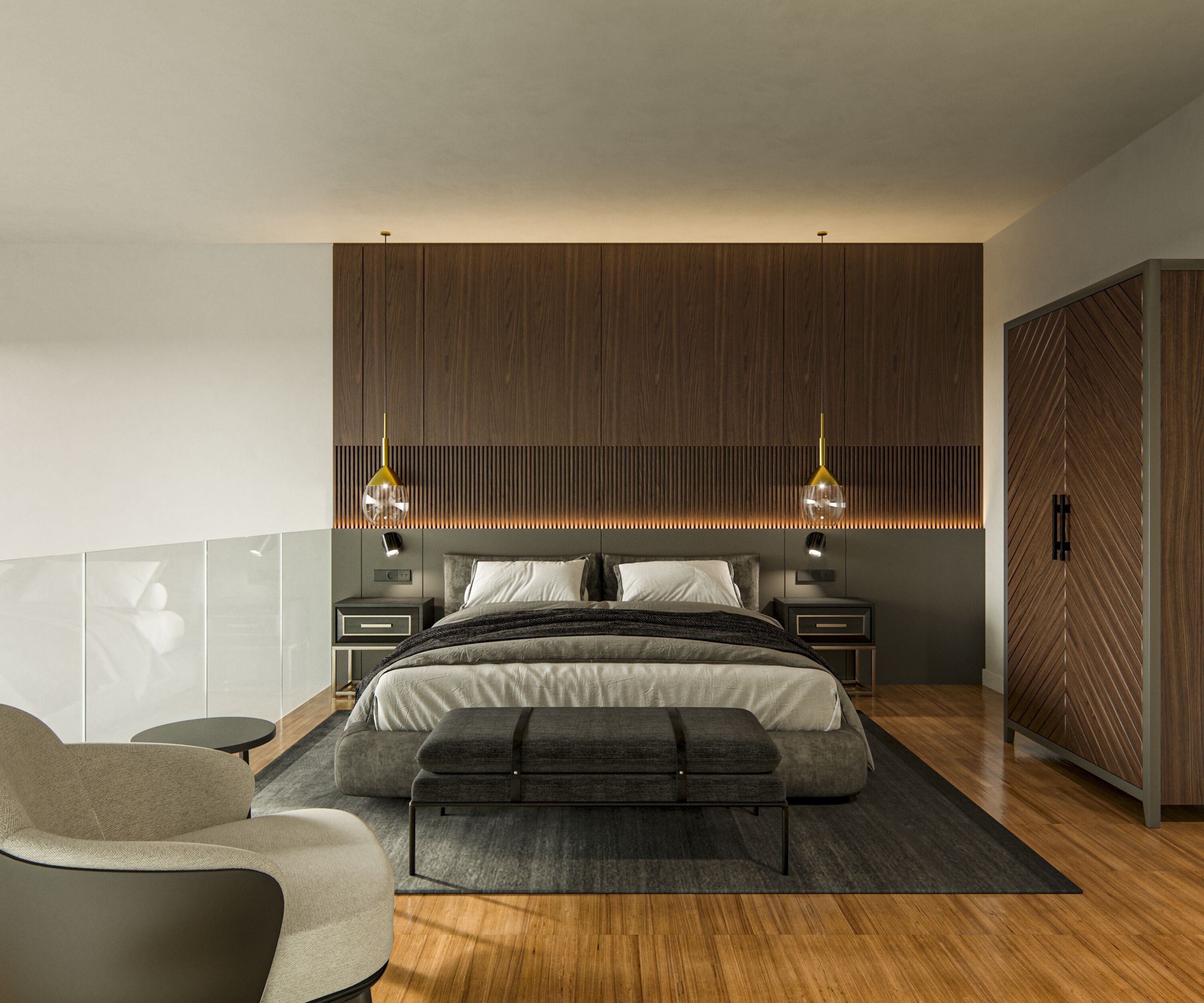 Un dormitorio moderno con una cama grande, mesitas de noche, un banco y una silla.