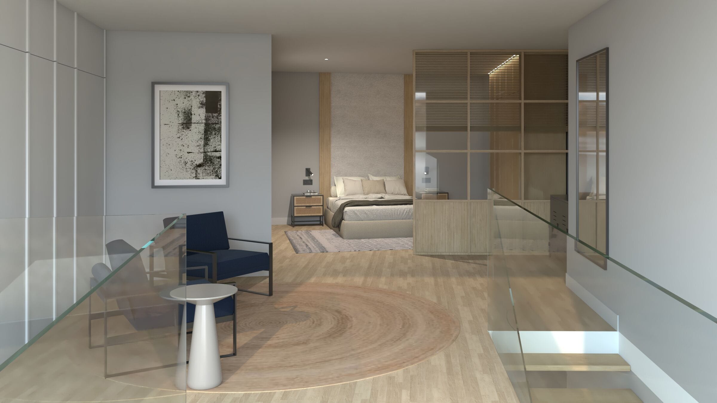 Un interior moderno con un separador de vidrio, una cama, una silla y una mesita.